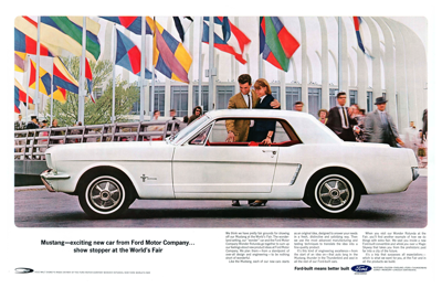 1964 1/2 Ford Ad Mustang "Mustang - exciting new car from Ford Motor Company - show stopper at the World's Fair"