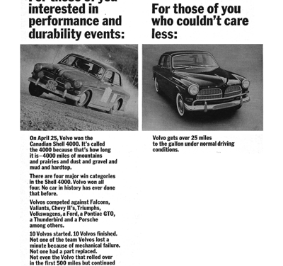 1964 Volvo 122S Ad “For those of you interested in performance and durability events . . .”