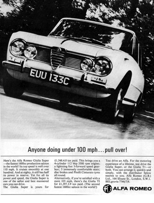 1965 Alfa Romeo Ad "Anyone doing under 100 mph … pull over!"