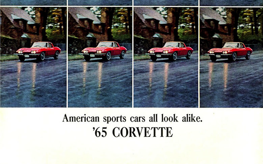 1965 Chevrolet Ad, Corvette Sting Ray Sport Coupe “American sports cars all look alike.”