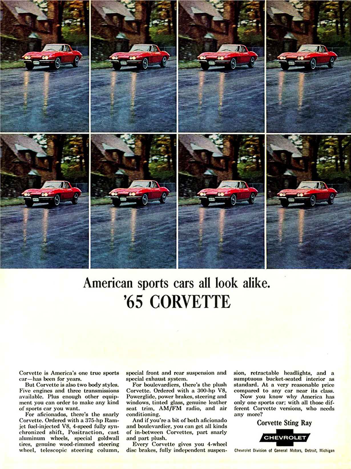1965 Chevrolet Ad, Corvette Sting Ray Sport Coupe "American sports cars all look alike."