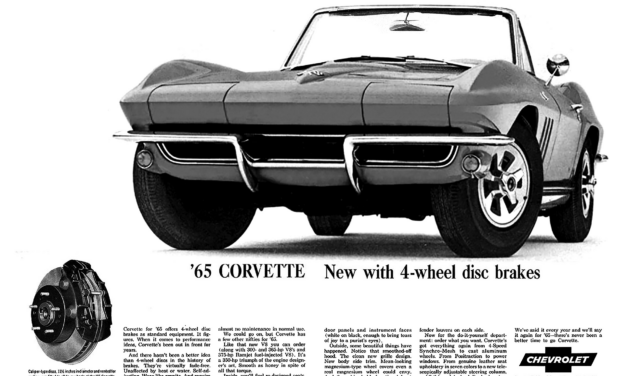 1965 Chevrolet Ad, Corvette Roadster “New with 4-wheel disc brakes”