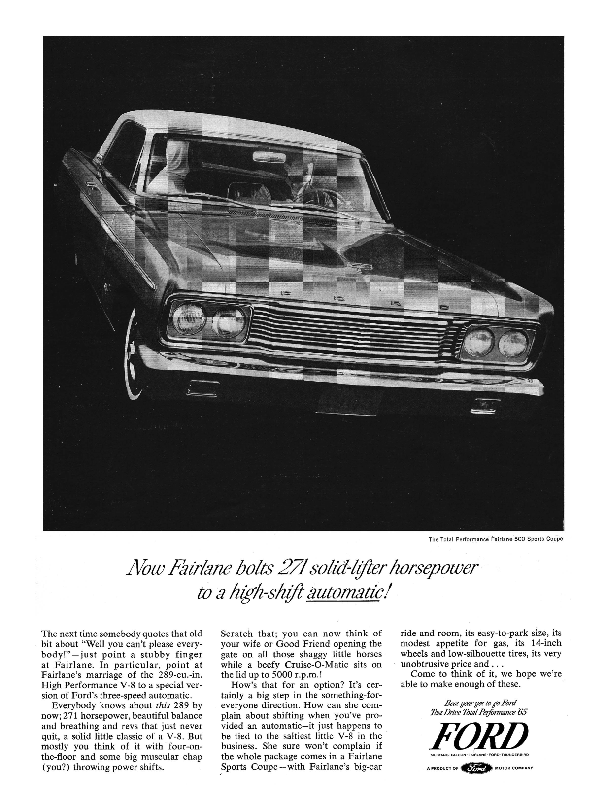 1965 Ford Ad Fairlane "Now Fairlane bolts 271 solid lifter horsepower to a high-shift automatic!"