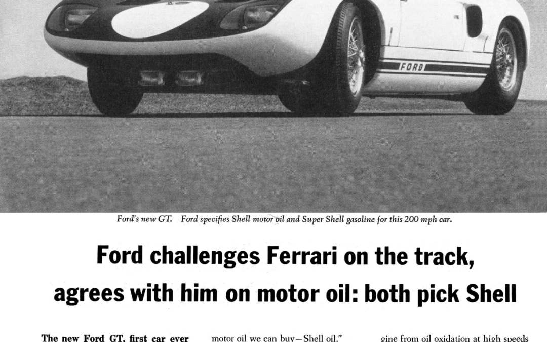 1965 Shell Ad Oil Buddy “Ford challenges Ferrari on the track . . .”