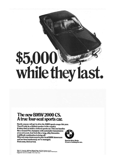 1966 BMW 2000 CS Ad "$5,000 - while they last"