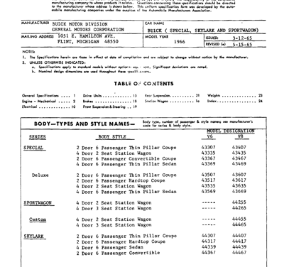 1966 Buick AMA Specification Sheets Special Skylark Sportwagon