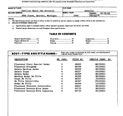 1966 Cadillac AMA Specification Sheets Fleetwood Calais Deville