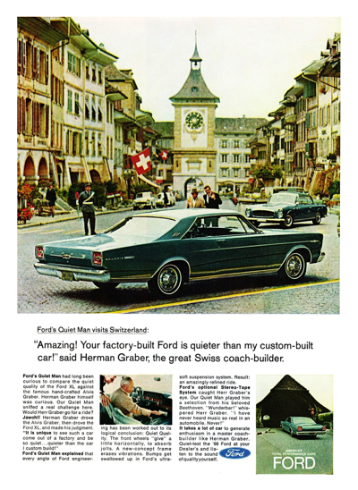 1966 Ford Ad Galaxie 500 XL "Amazing! Your factory-built Ford is quieter than my custom built . . ."