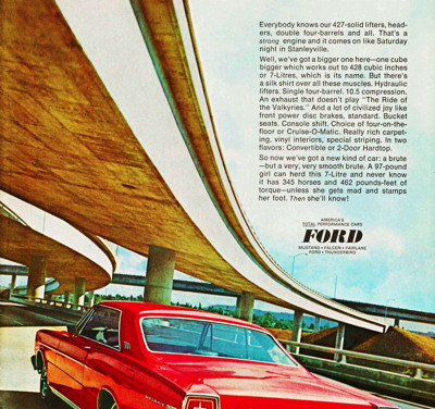 1966 Ford Ad Galaxie 500 XL 7 Litre Ad “For the smoothest brute on wheels, add one cubic inch to 427”