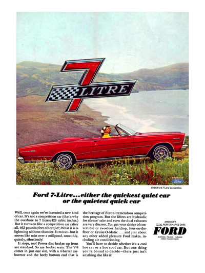 1966 Ford Ad Galaxie 500 XL 7 Litre Convertible Ad "Either the quickest quiet car or the quietest quick car"