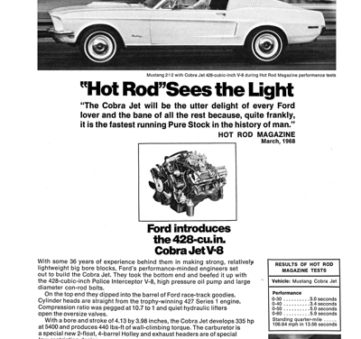 1968 Ford Ad Mustang “Hot Rod sees the light – Ford introduces the 428 cu. in. Cobra-Jet V8”