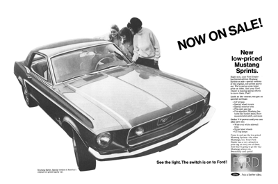 1968 Ford Ad Mustang Sprint hardtop, “Now On Sale! New low-priced Mustang Sprints.” 2-pages