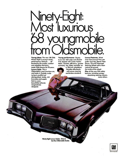 1968 Oldsmobile Ad Ninety-Eight "Most Luxurious '68 Youngmobile"