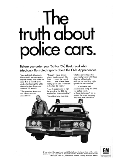 1968 Oldsmobile Ad Delmont 88 "The Truth About Police Cars"