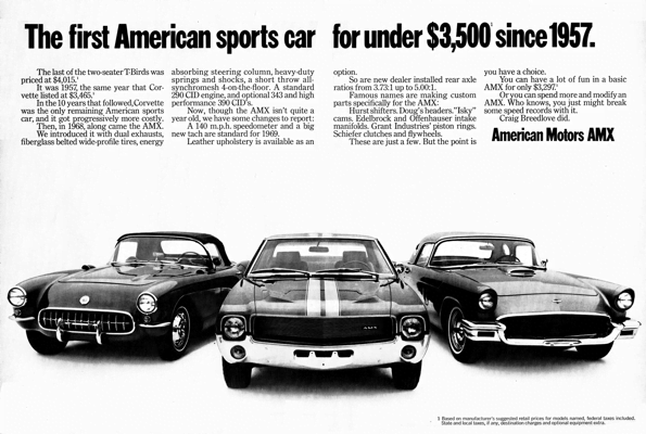 1969 AMC AMX Ad "The first American sports car for under $3,500 since 1957"
