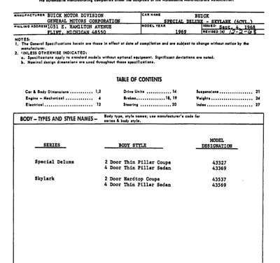 1969 Buick AMA Specification Sheets for Special Deluxe and Skylark Inline 6 (Revision)
