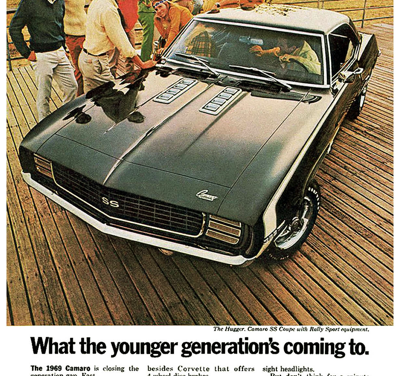 1969 Chevrolet Ad Camaro SS/RS “What the younger generation’s coming to”
