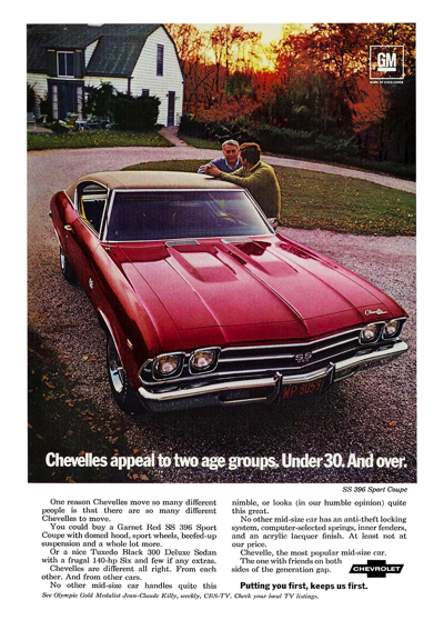 1969 Chevrolet Ad Chevelle SS396 "Chevelles appeal to two age groups"