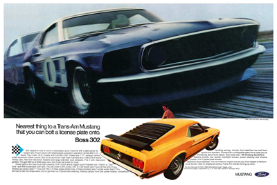 1969 Ford Ad Mustang Boss 302 "The nearest thing to a Trans Am Mustang" (2-Page)