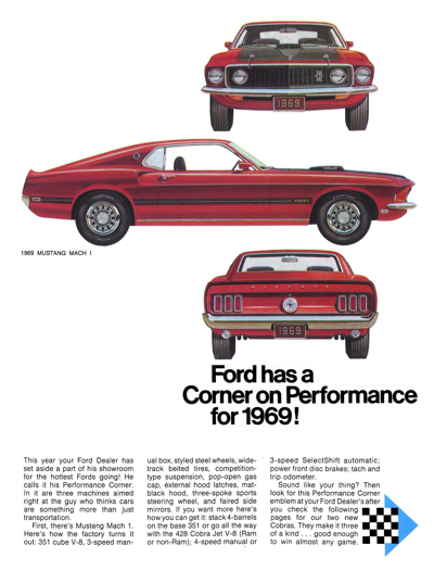 1969 Ford Ad Mustang Mach 1/Torino Cobra "Ford has a corner on performance for 1969"