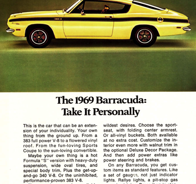 1969 Plymouth Ad Barracuda “1969 Barracuda: take it personally.”