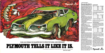 1969 Plymouth Ad Barracuda 340 "Plymouth Tells It Like It Is" (with overleaf)