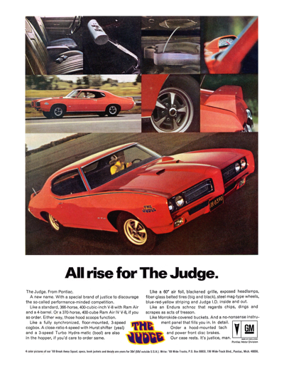 1969 Pontiac Ad GTO Judge Hardtop Coupe, Carousel Red, "All rise for the judge"