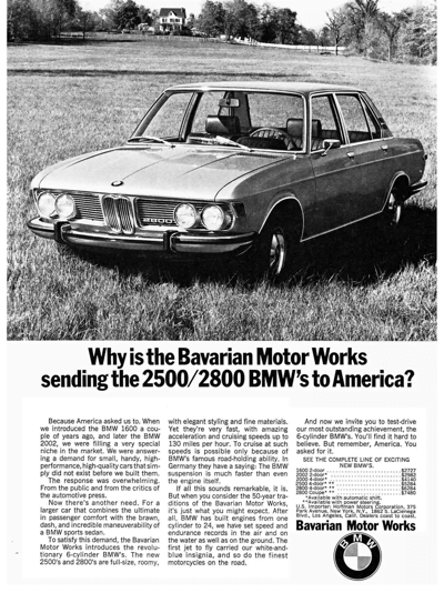 1970 BMW 2500-2800 Ad "Why is Bavarian Motor Works sending the 2500/2800 BMW's to America?"