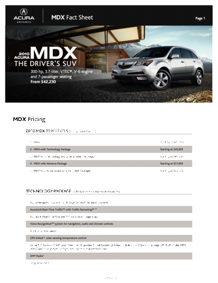 2010 Acura MDX Fact Sheet